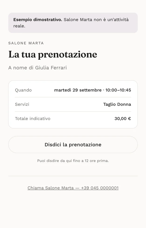 La pagina personale del cliente, con il pulsante per disdire la prenotazione