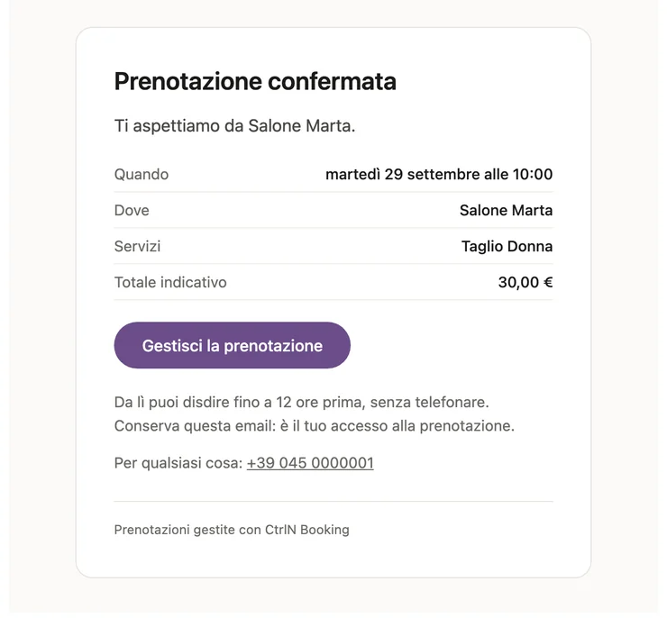 L'email di conferma che riceve il cliente, con il riepilogo e il pulsante per gestire la prenotazione