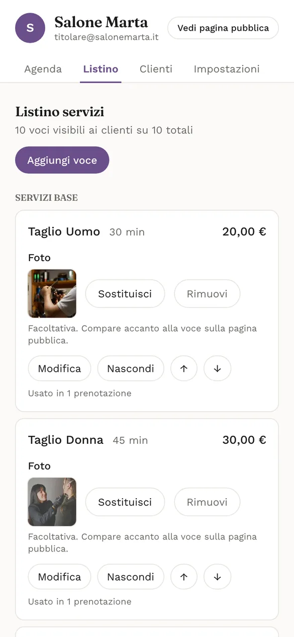 Il listino dei servizi nel pannello del titolare, con i pulsanti per modificare prezzo, durata e foto