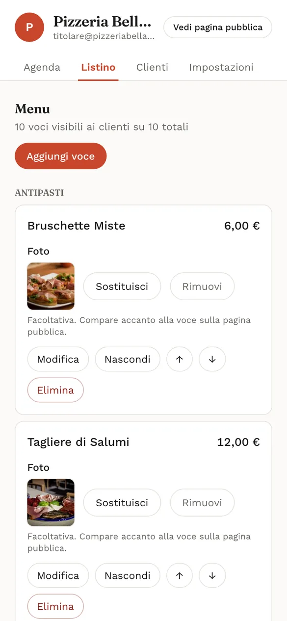 Il menu nel pannello del titolare, con i pulsanti per modificare o nascondere ogni piatto